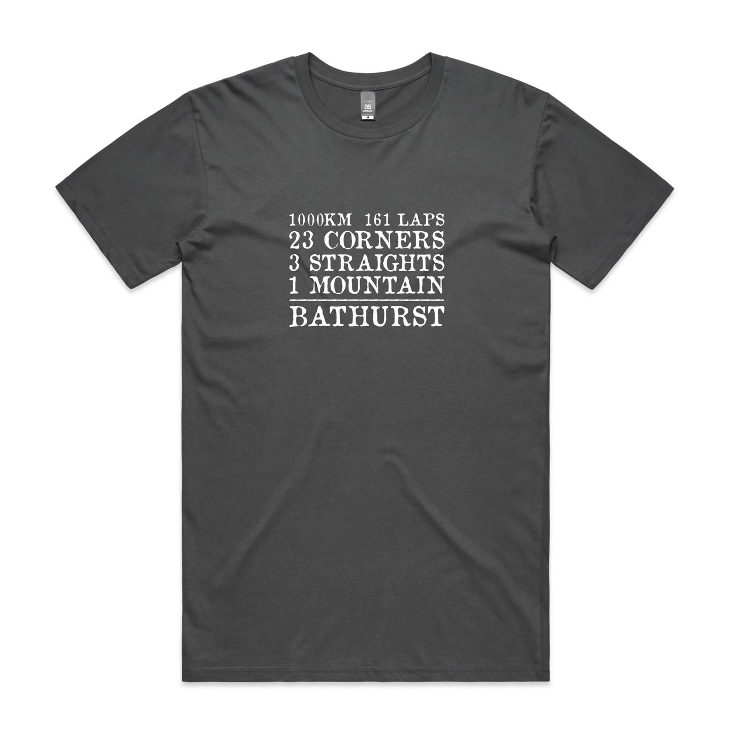 Charcoal grey car enthusiast t-shirt featuring Bathurst Mount Panorama race track slogan