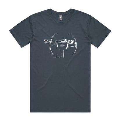 FJ40 dash t-shirt in Petrol with a Toyota LandCruiser dashboard printed on the front