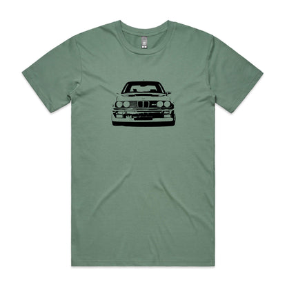 BMW E30 t-shirt with M3 car printed in black on a sage green shirt
