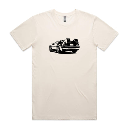 DeLorean Outatime t-shirt in beige with black time machine car graphic
