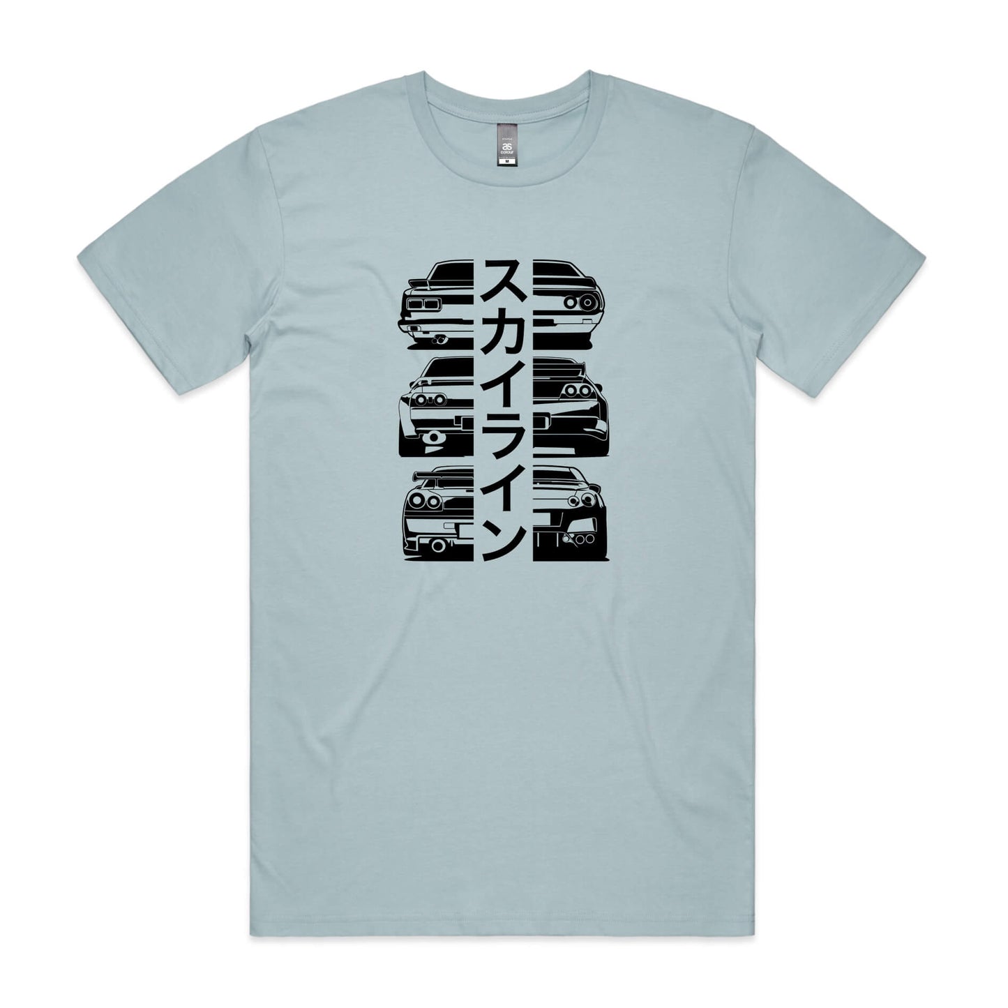Nissan GTR Heritage t-shirt in light blue with black Skyline car graphics