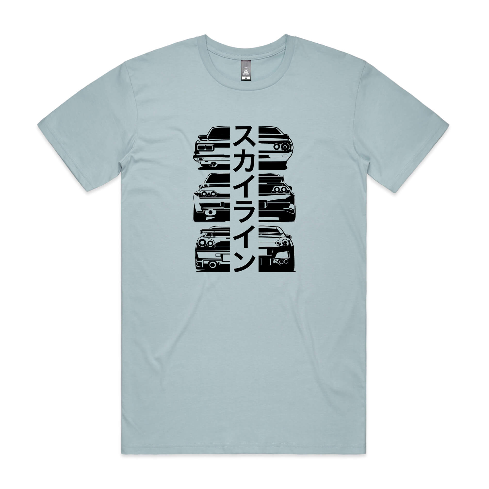 Nissan GTR Heritage t-shirt in light blue with black Skyline car graphics