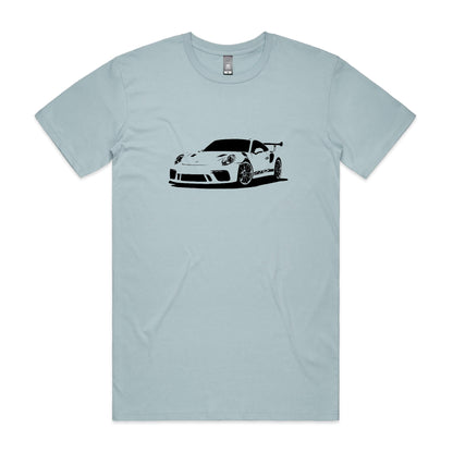 Porsche 911 GT3 RS t-shirt in light blue with a black car graphic