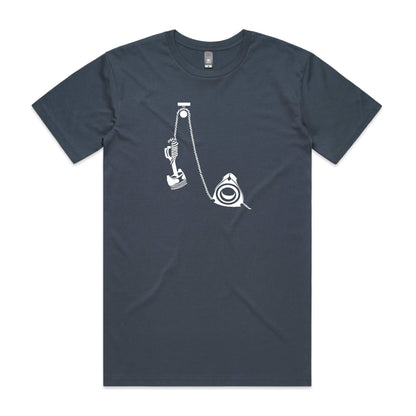 Rotary hangs piston t-shirt in Petrol featuring a white cartoon of a rotary holding a piston in a noose