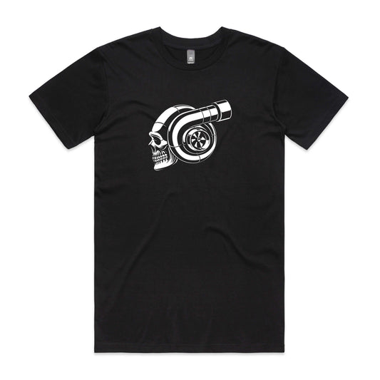 Boosted t-shirt in black with a white graphic of a skull and turbocharger
