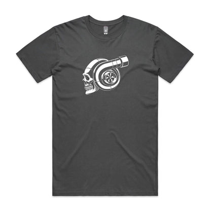 Boosted t-shirt in charcoal grey with a white graphic of a skull and turbocharger