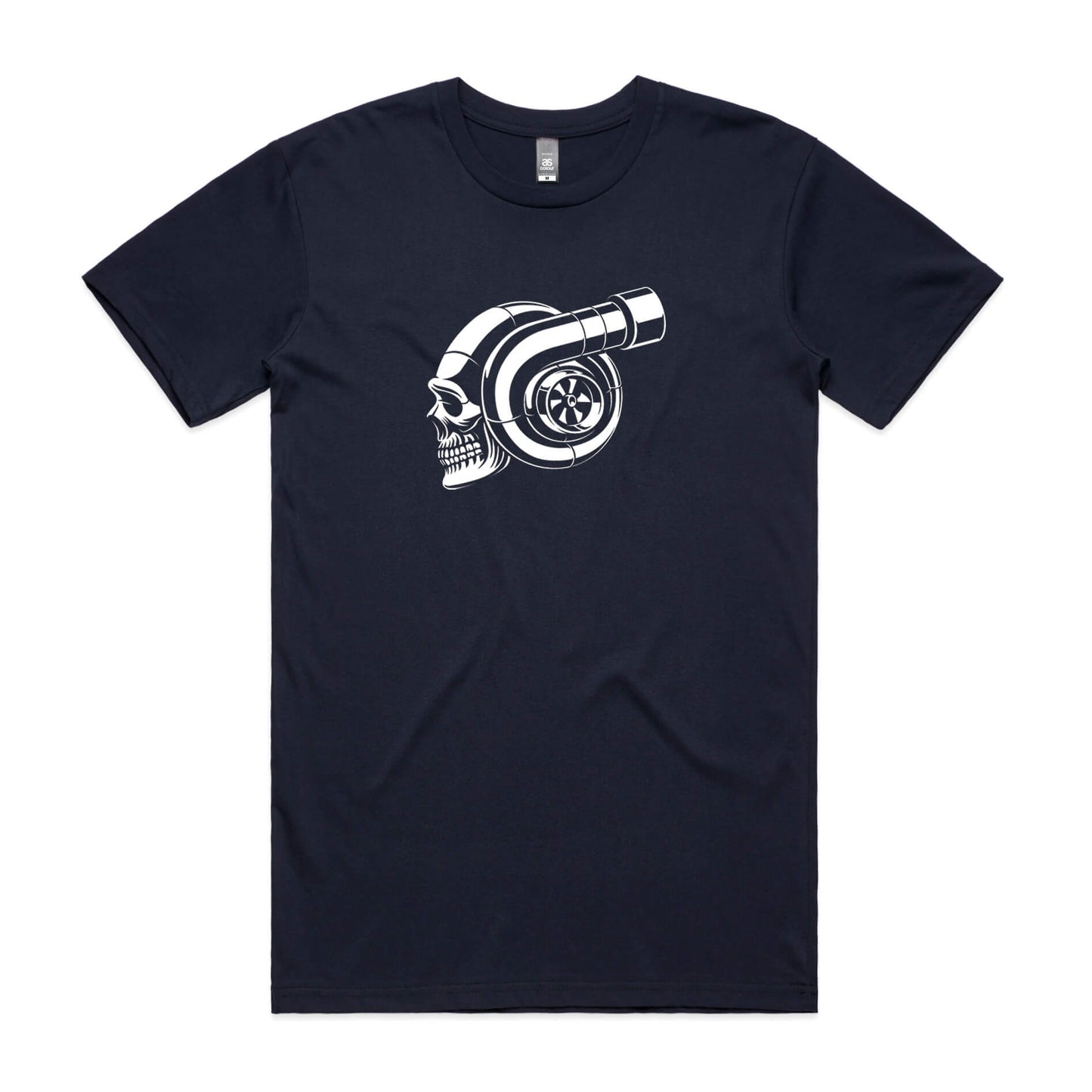 Boosted t-shirt in navy blue with a white graphic of a skull and turbocharger