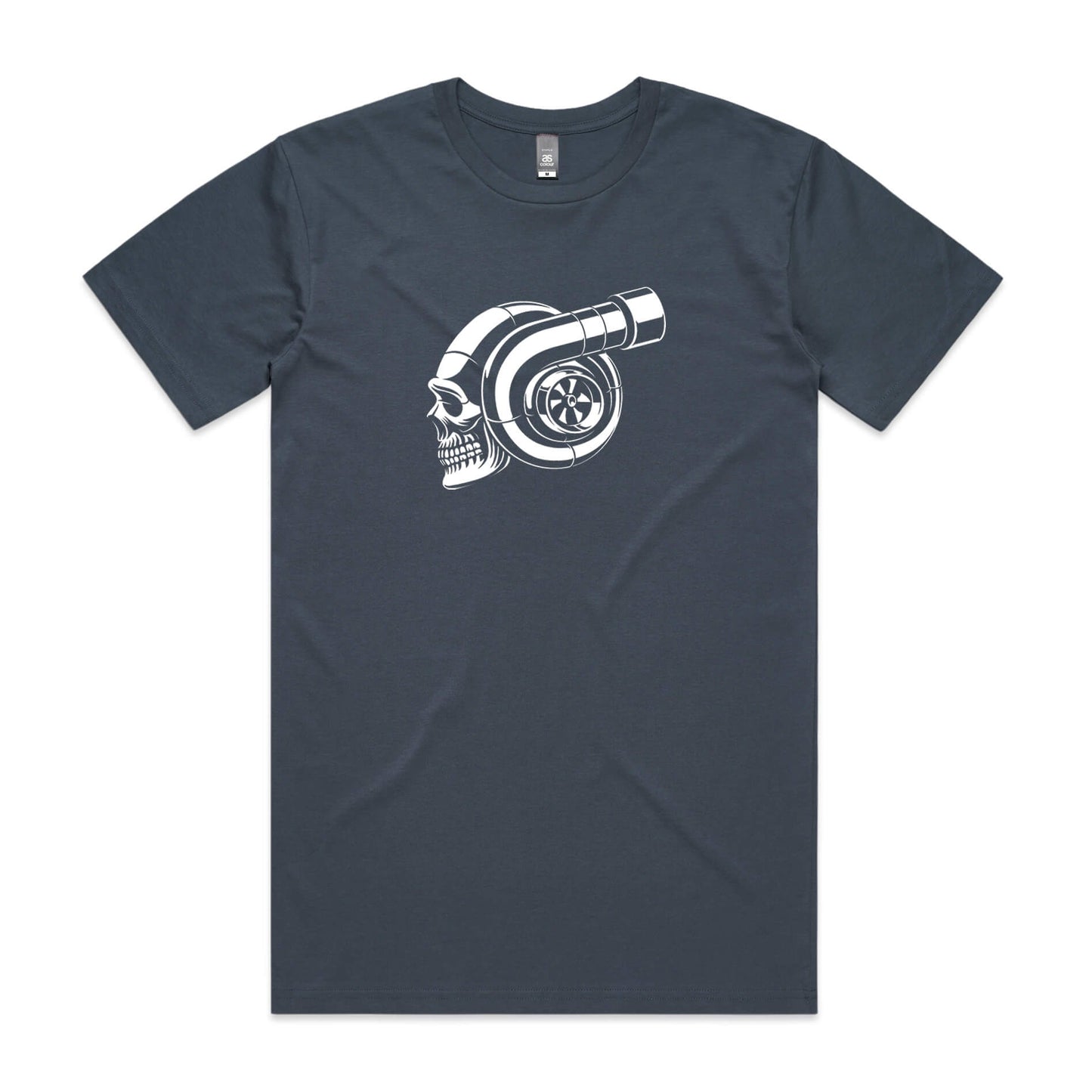 Boosted t-shirt in petrol blue with a white graphic of a skull and turbocharger