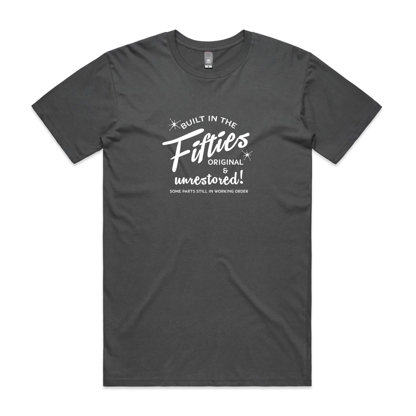 Built in the Fifties t-shirt in charcoal grey with white slogan print