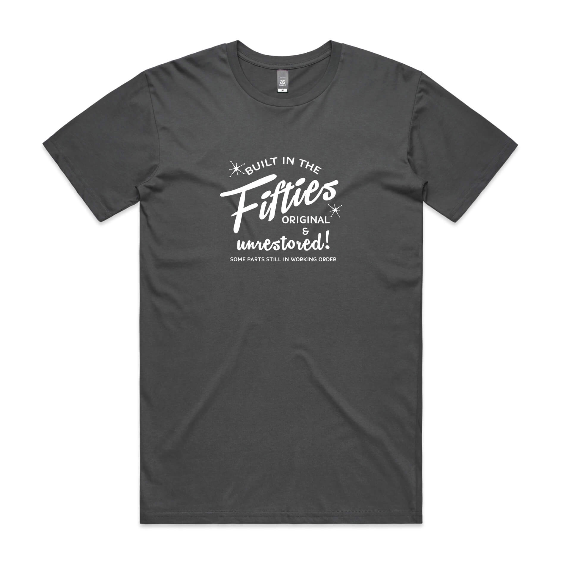 Built in the Fifties t-shirt in charcoal grey with white slogan print