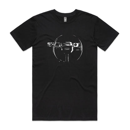 FJ40 dash t-shirt in black with a Toyota LandCruiser dashboard printed on the front