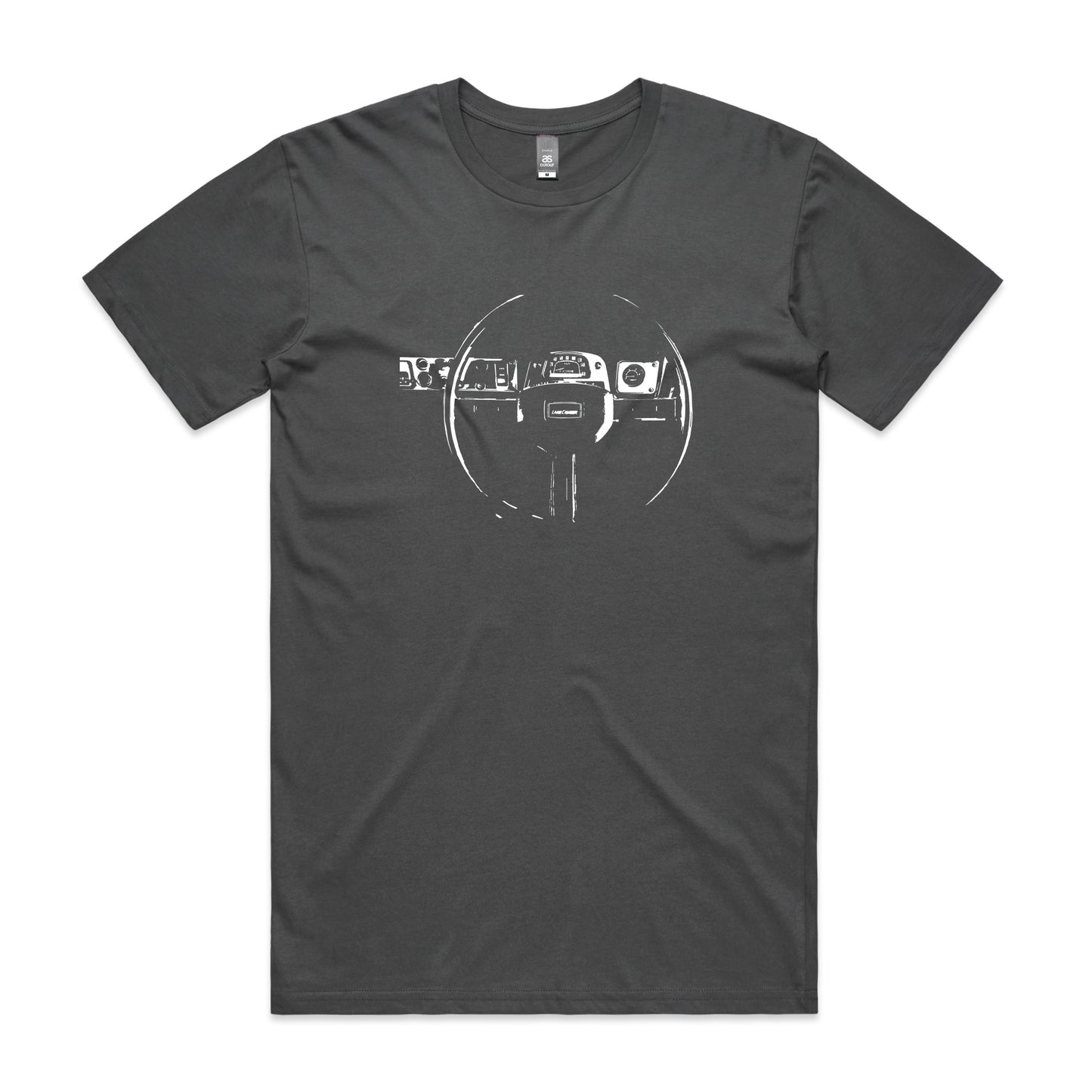 FJ40 dash t-shirt in dark grey with a Toyota LandCruiser dashboard printed on the front