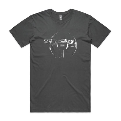 FJ40 dash t-shirt in dark grey with a Toyota LandCruiser dashboard printed on the front