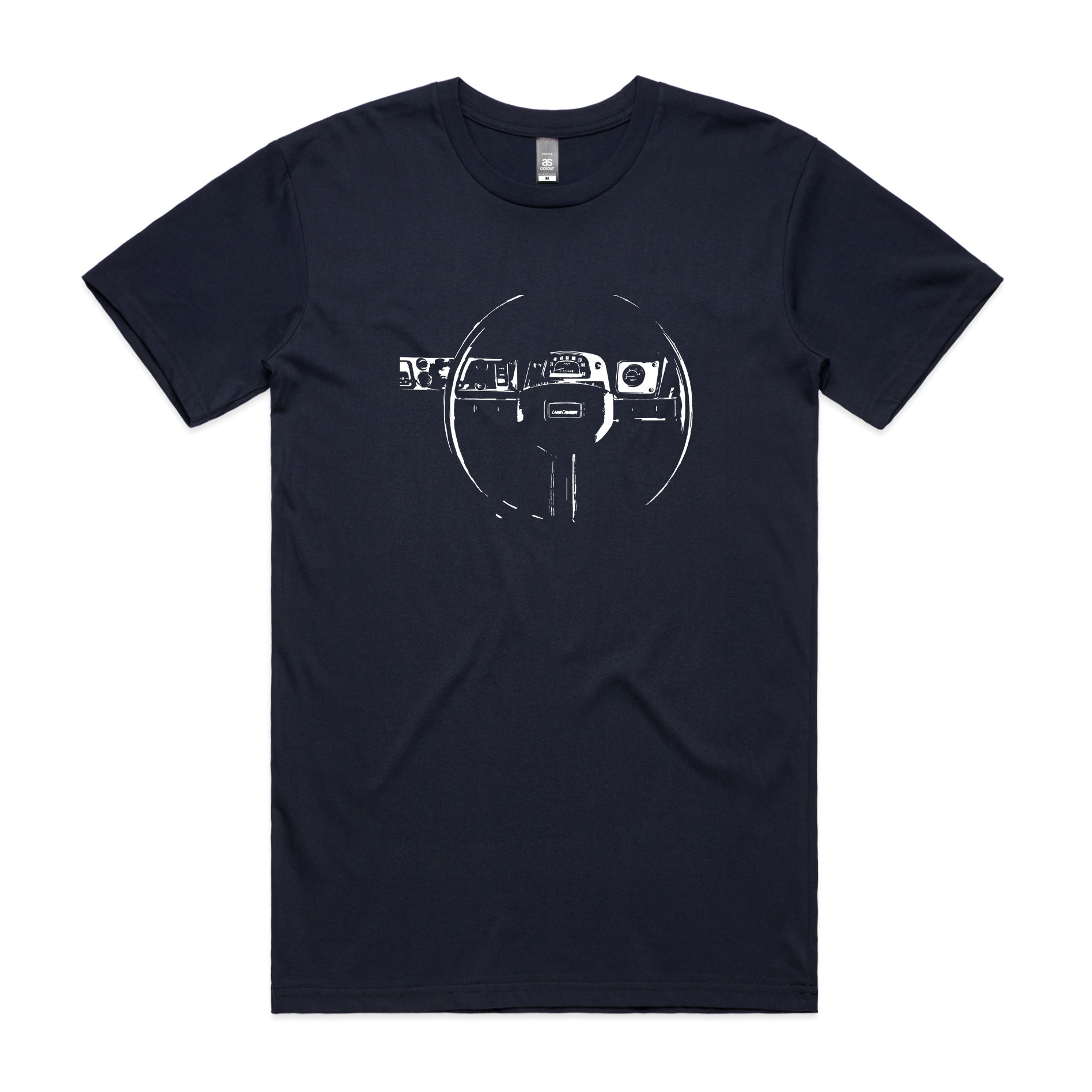 FJ40 dash t-shirt in navy blue with a Toyota LandCruiser dashboard printed on the front