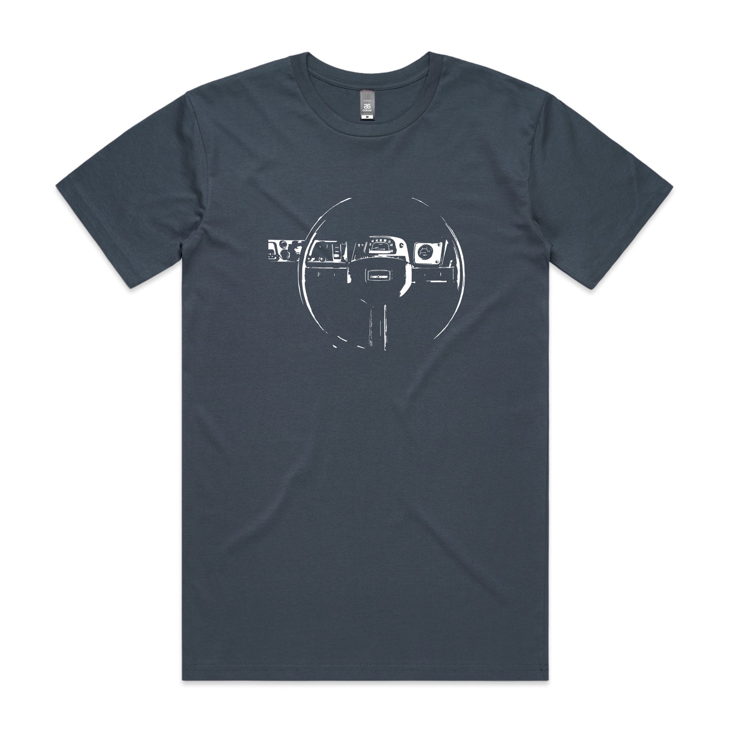 FJ40 dash t-shirt in petrol blue with a Toyota LandCruiser dashboard printed on the front