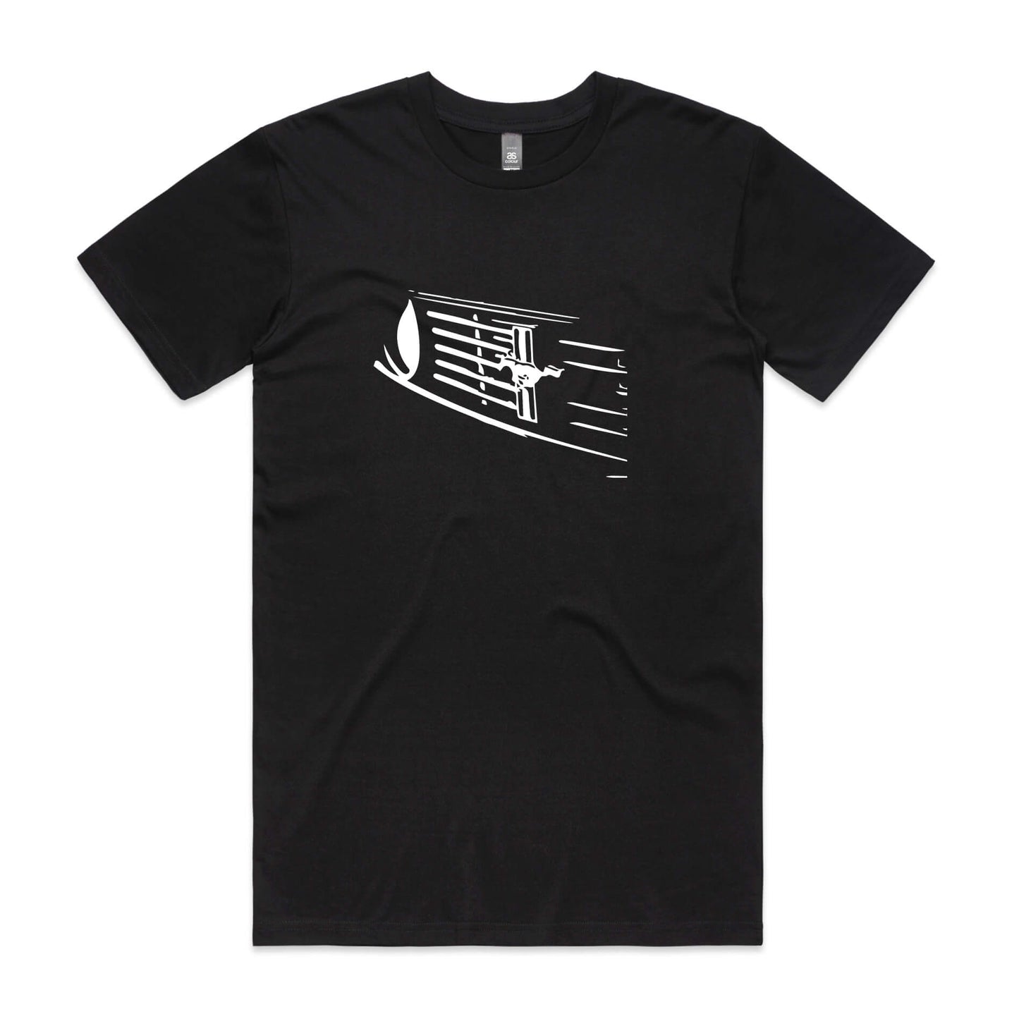 Black t-shirt with abstract Ford Mustang grille and pony badge design in white.