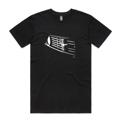 Black t-shirt with abstract Ford Mustang grille and pony badge design in white.