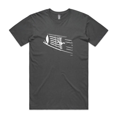 Charcoal grey t-shirt featuring minimalist white sketch of Ford Mustang grille and emblem.