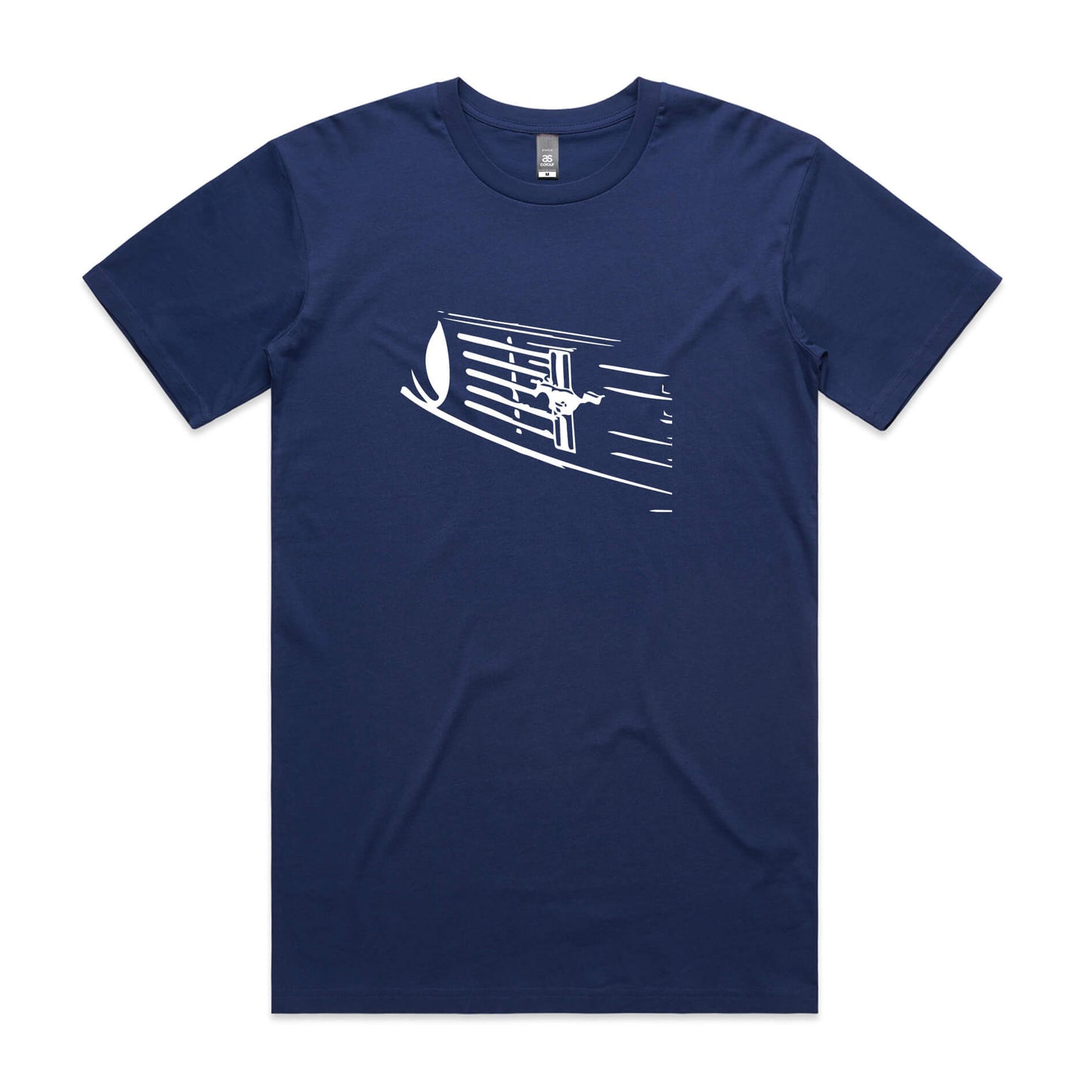 Cobalt blue t-shirt with line art Mustang grille and iconic pony logo in white.