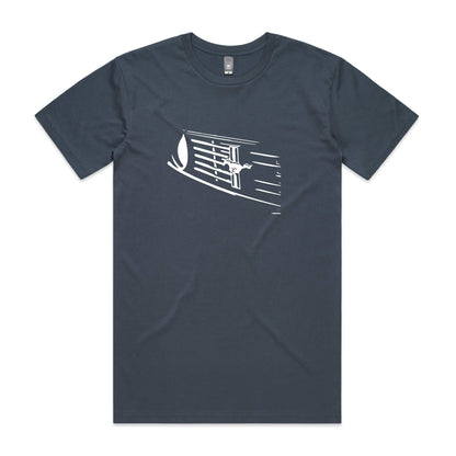 Petrol blue t-shirt with modern minimalist design of Mustang grille and pony silhouette in white.