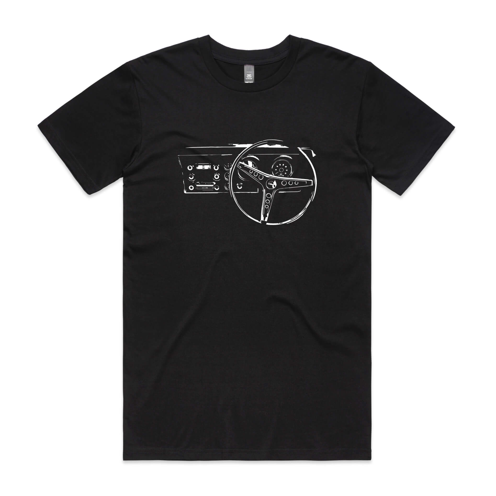 Falcon dash t-shirt in black with a Ford XY Falcon dashboard printed on the front
