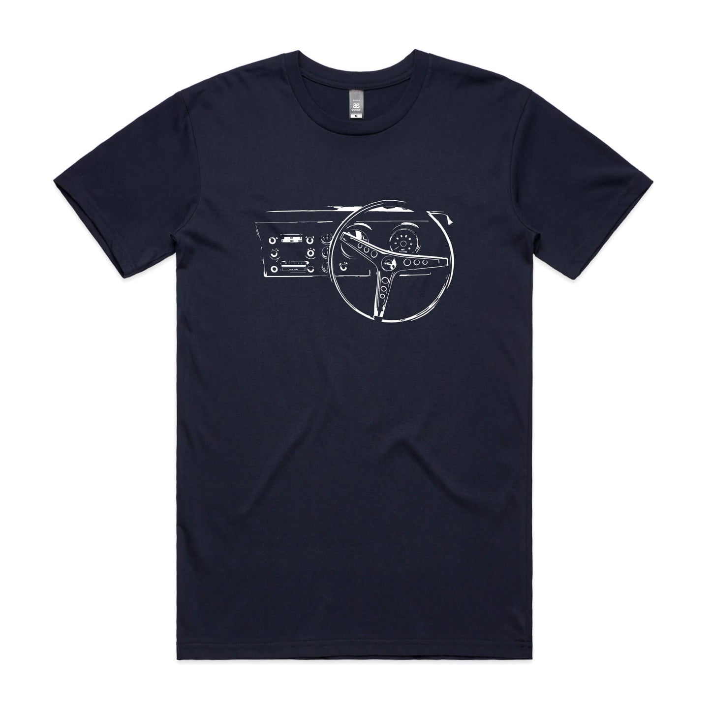 Falcon dash t-shirt in navy blue with a Ford XY Falcon dashboard printed on the front
