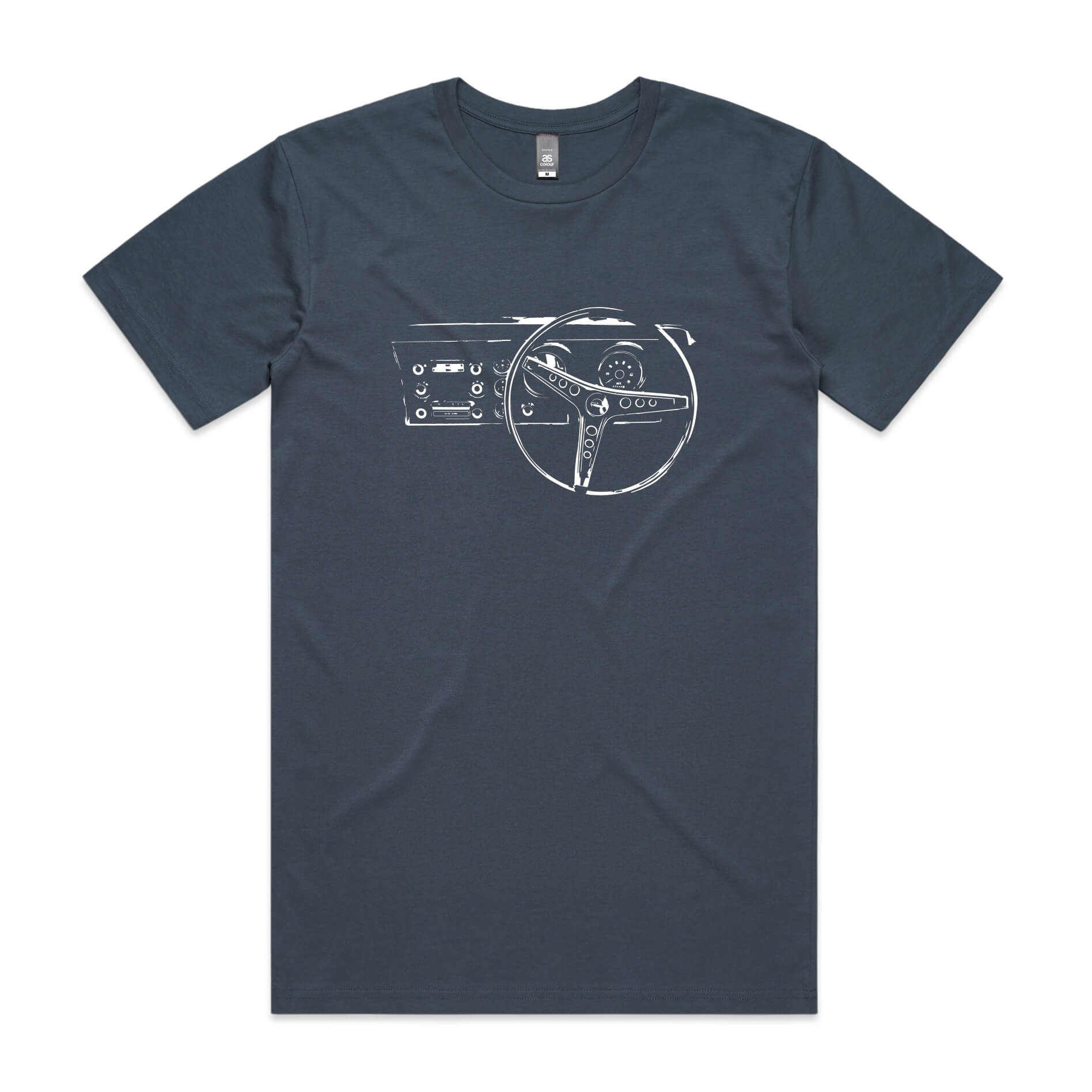 Falcon dash t-shirt in petrol blue with a Ford XY Falcon dashboard printed on the front