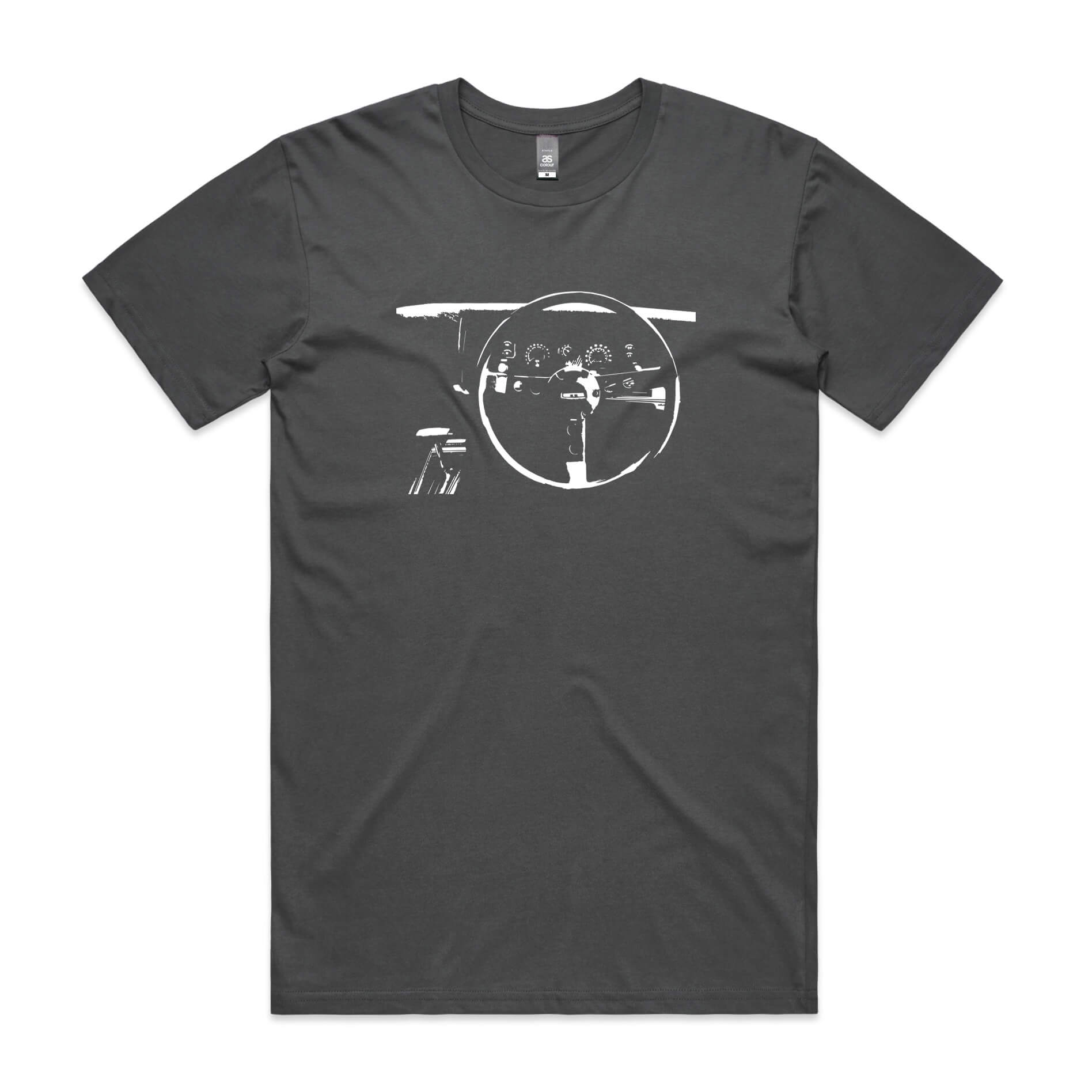Holden HQ Monaro dash t-shirt in charcoal grey with white car dashboard design