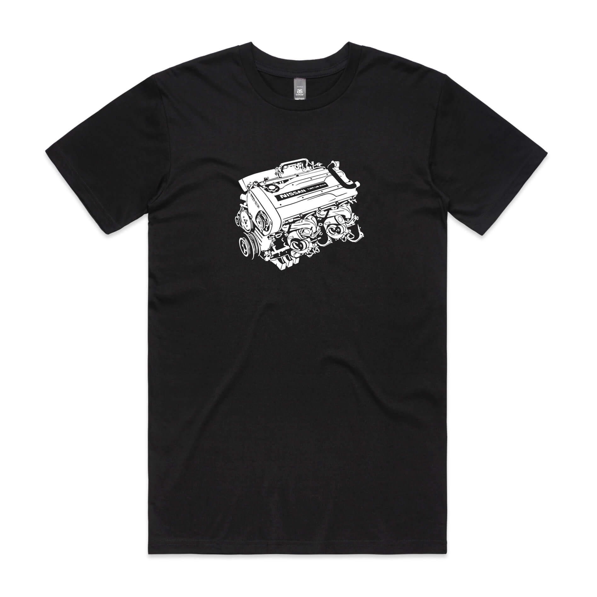 Black T-shirt featuring a detailed white silhouette graphic of the Nissan RB26DETT engine on the chest area.