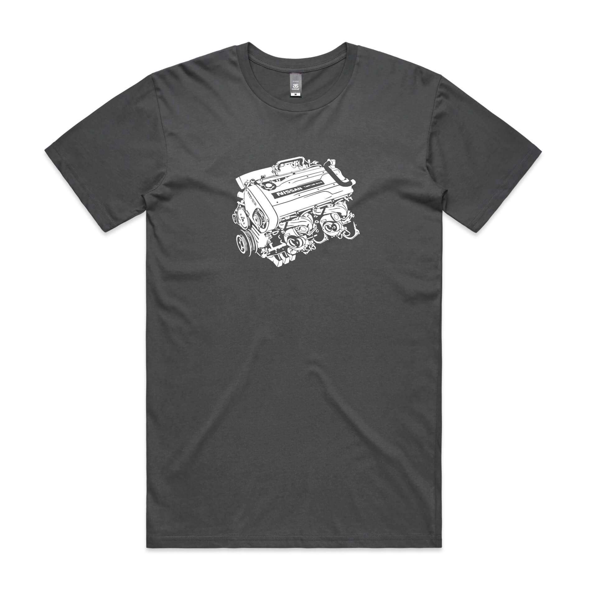 Charcoal grey T-shirt showcasing a white Nissan RB26DETT engine silhouette graphic, perfect for car lovers.