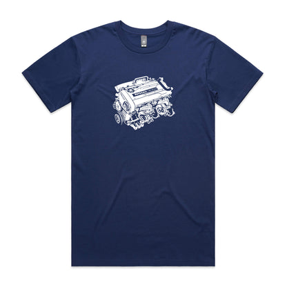 Cobalt blue T-shirt with a white intricate Nissan RB26DETT engine design, a casual statement piece for gearheads.