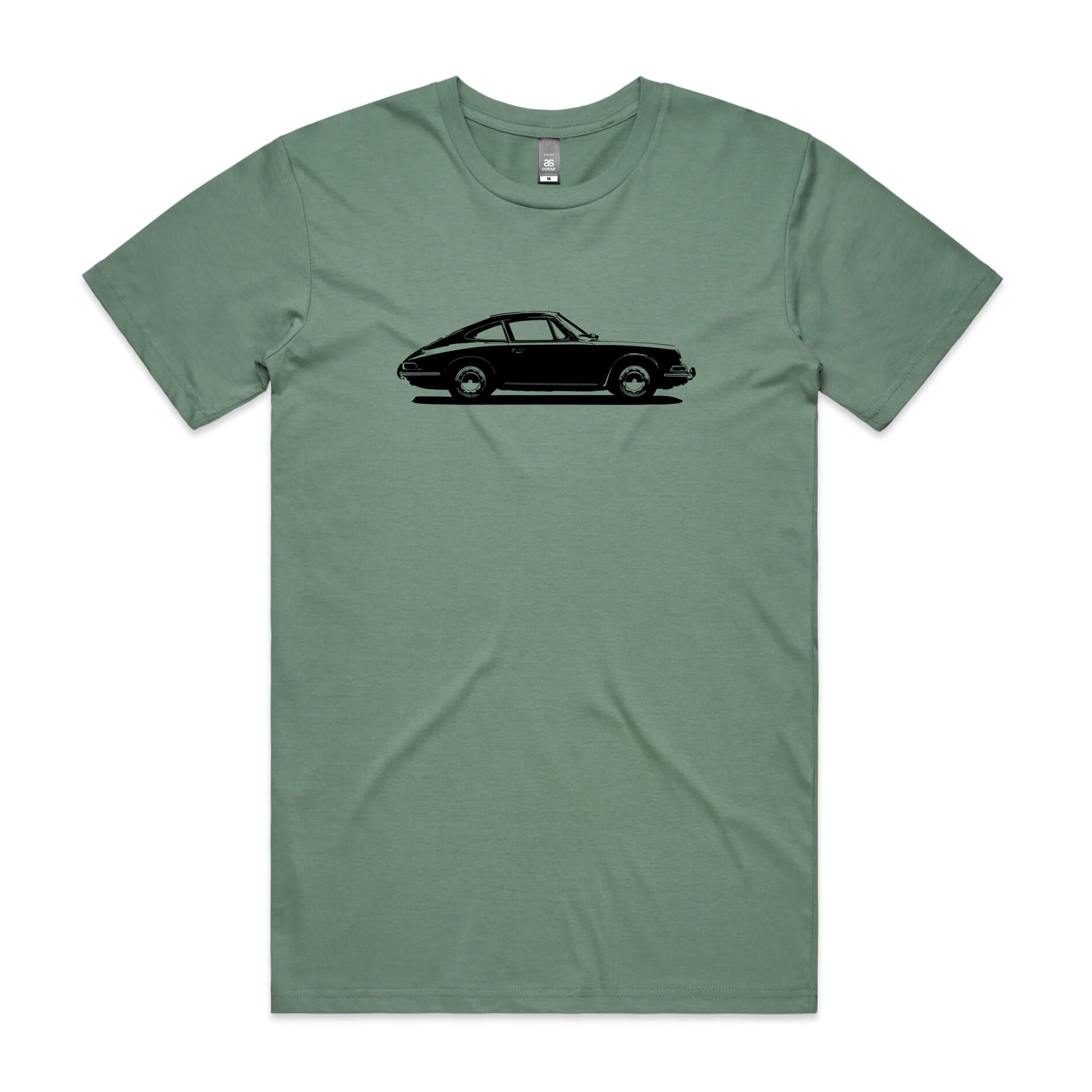 Retro Porsche 911 1965 print on sage green t-shirt