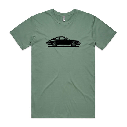 Retro Porsche 911 1965 print on sage green t-shirt