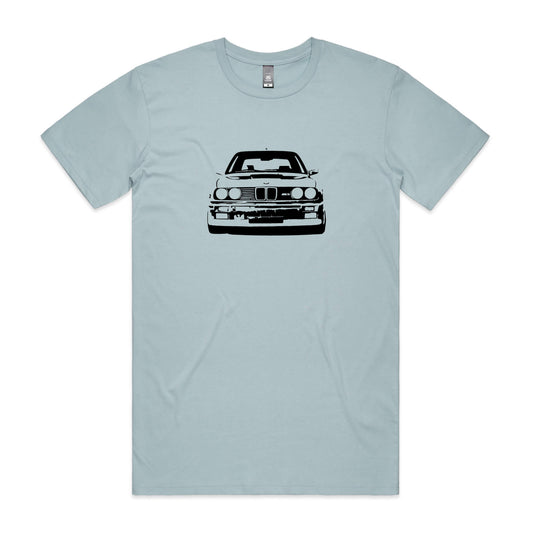 BMW E30 t-shirt with M3 car printed in black on a pale blue shirt