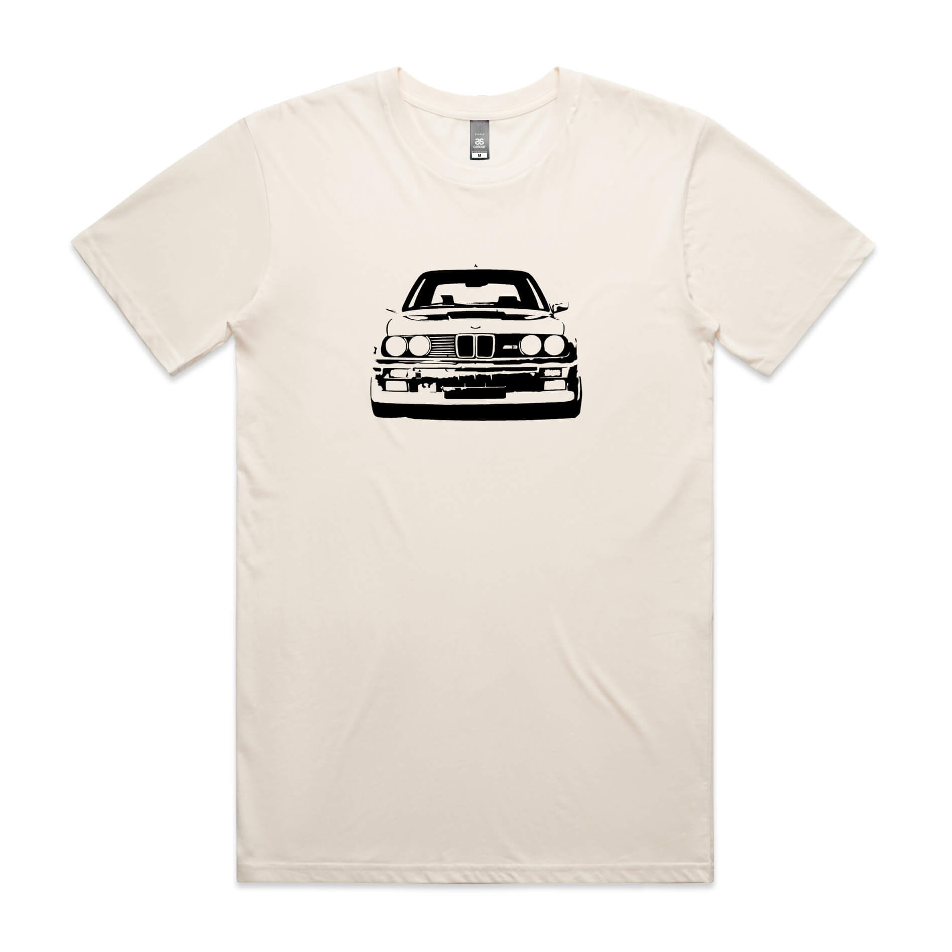 BMW E30 t-shirt with M3 car printed in black on a beige shirt
