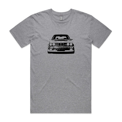 BMW E30 t-shirt with M3 car printed in black on a grey shirt