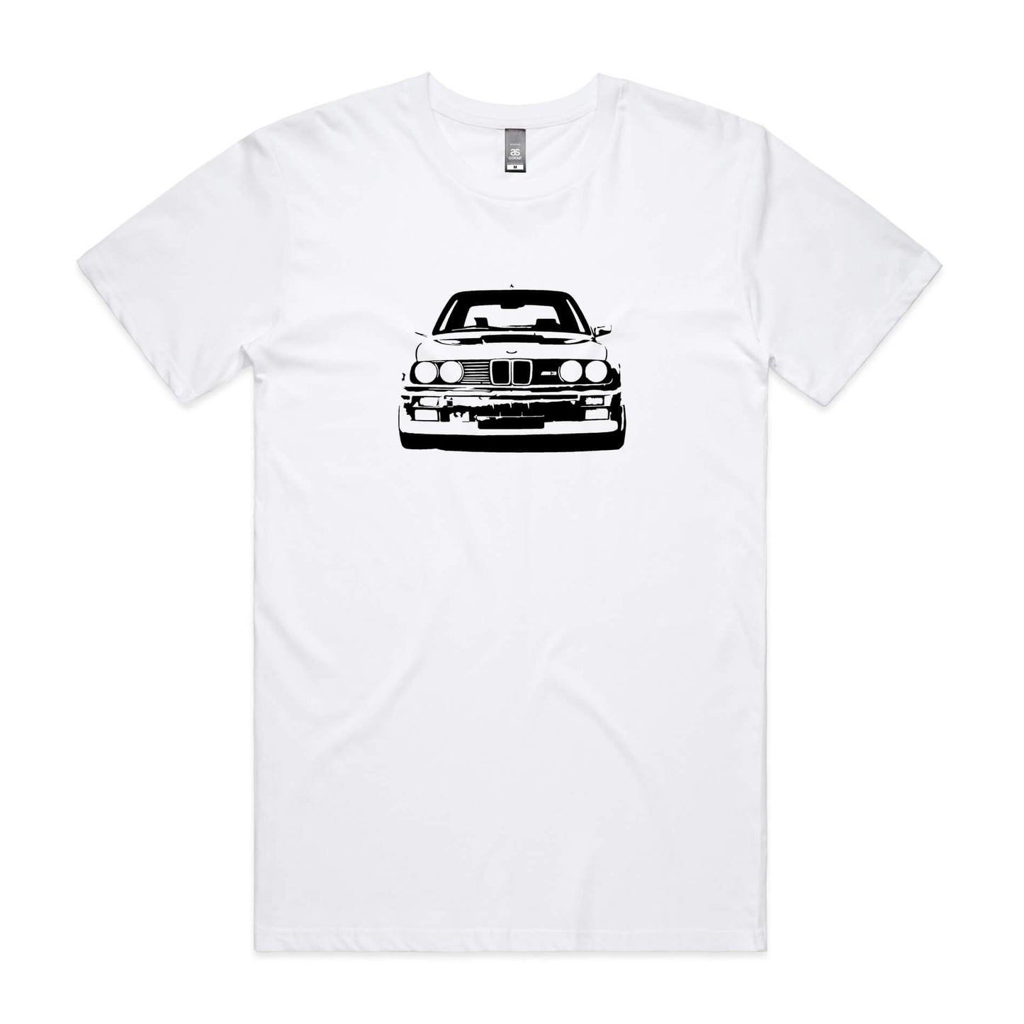 BMW E30 t-shirt with M3 car printed in black on a white shirt