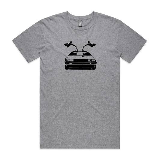 DeLorean t-shirt in grey with black DMC-12 car graphic