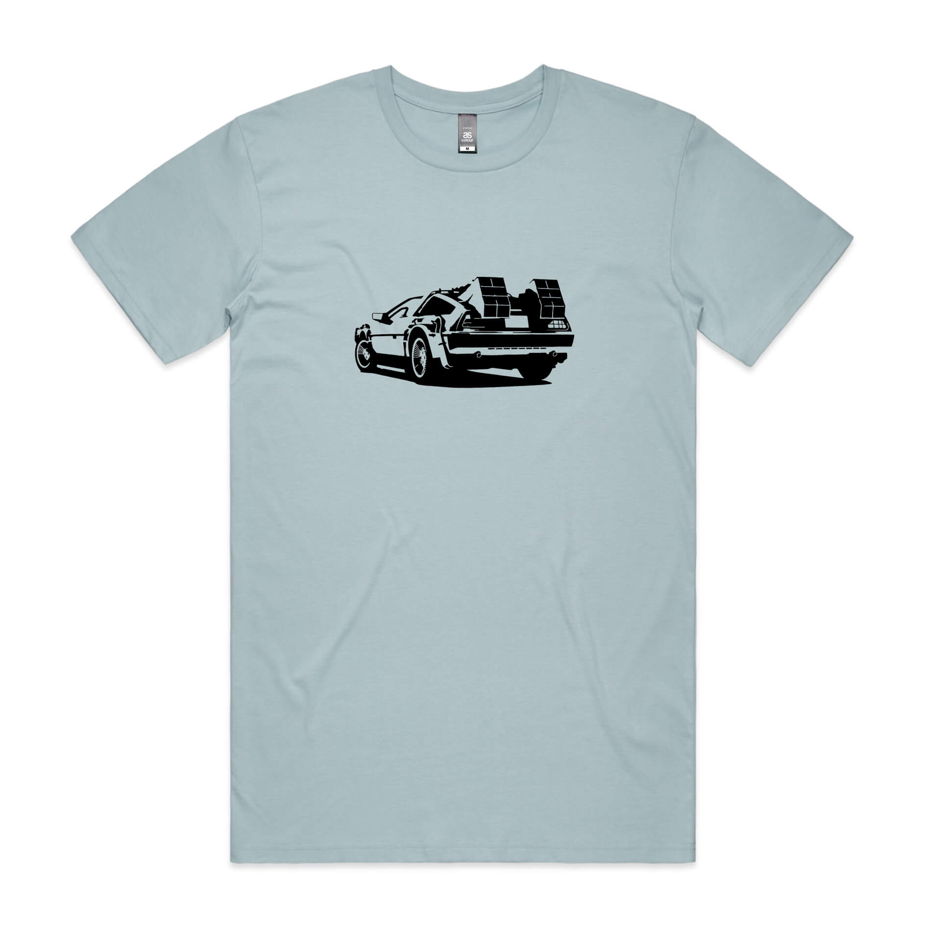 DeLorean Outatime t-shirt in light blue with black time machine car graphic