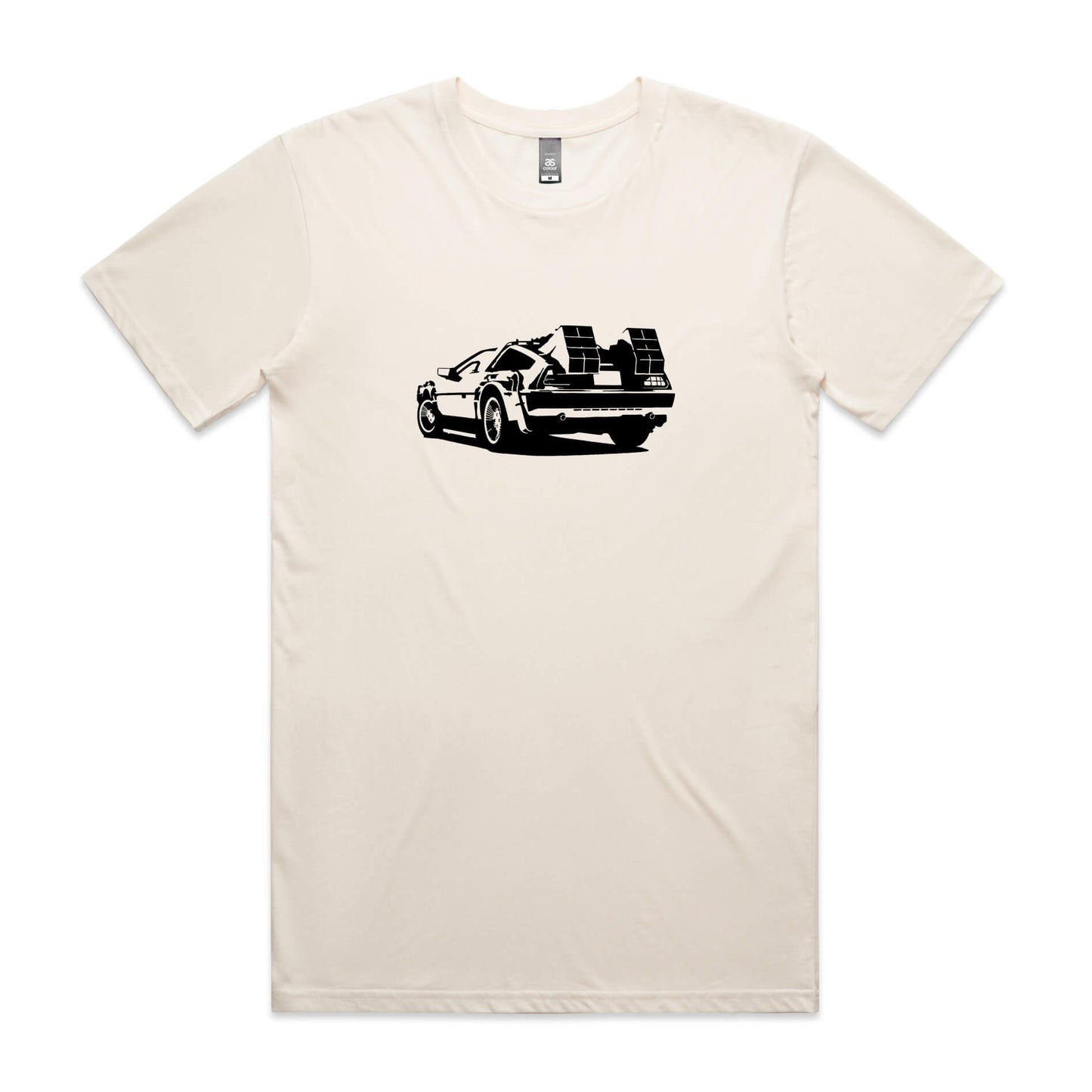 DeLorean Outatime t-shirt in beige with black time machine car graphic