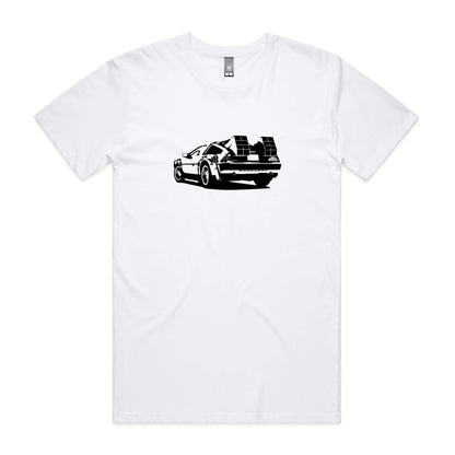 DeLorean Outatime t-shirt in white with black time machine car graphic