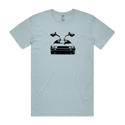 DeLorean t-shirt in light blue with black DMC-12 car graphic
