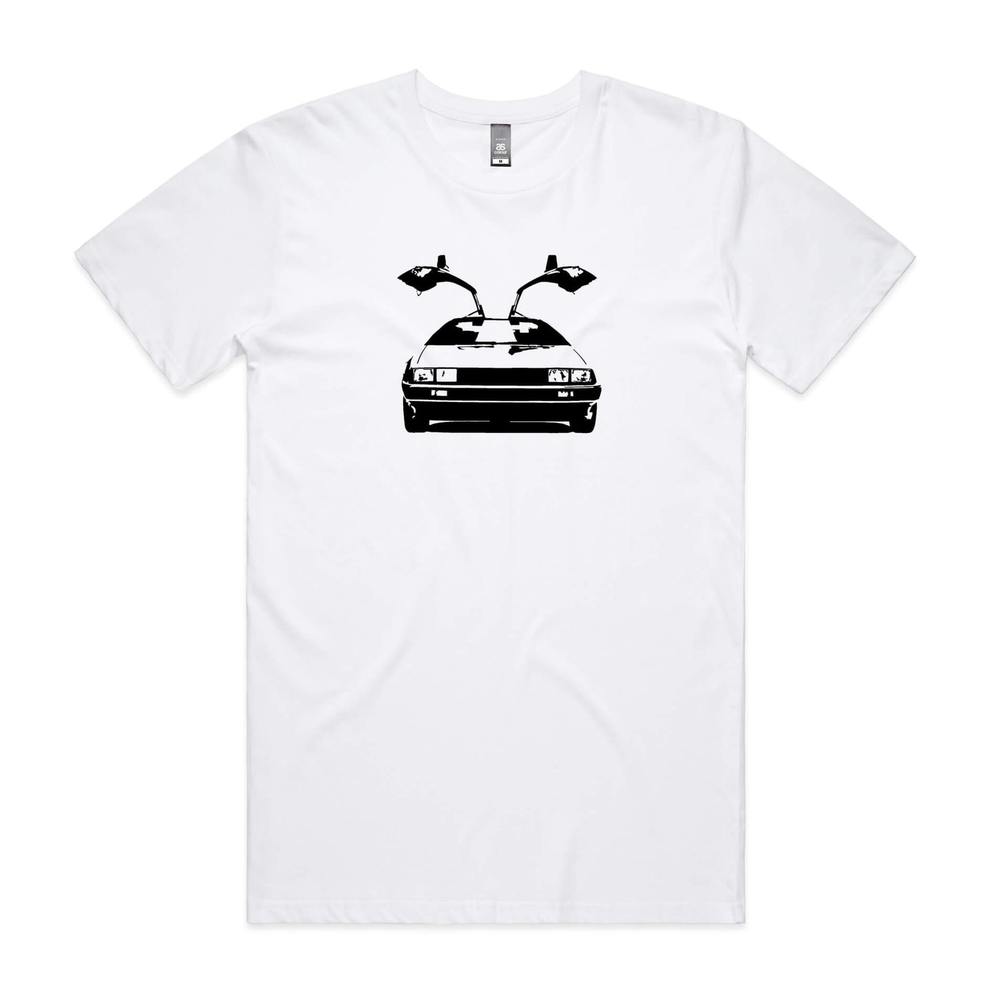 DeLorean t-shirt in white with black DMC-12 car graphic