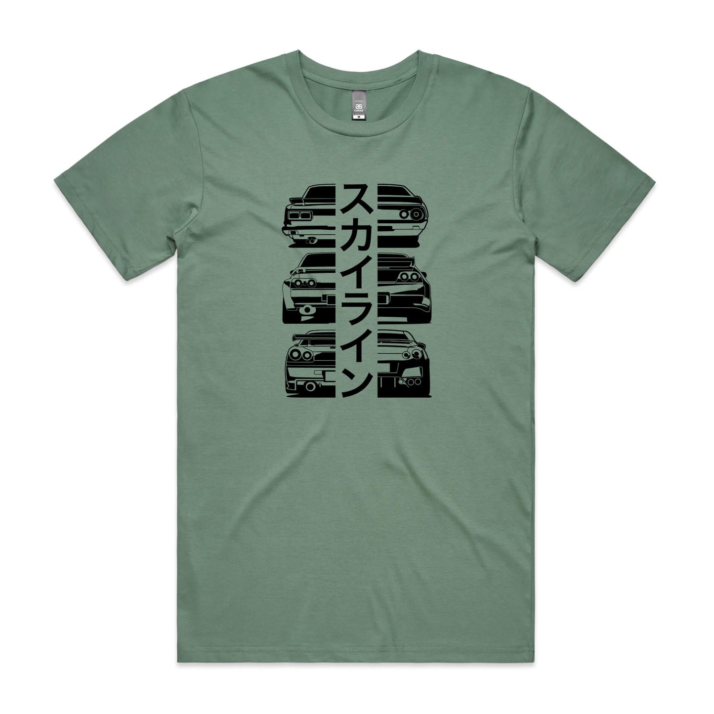 Nissan GTR Heritage t-shirt in sage green with black Skyline car graphics