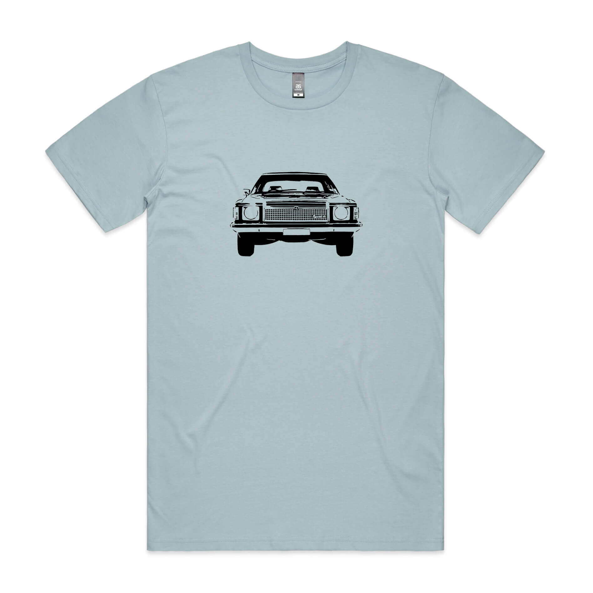 Holden HZ Kingswood t-shirt in light blue with black car silhouette graphic