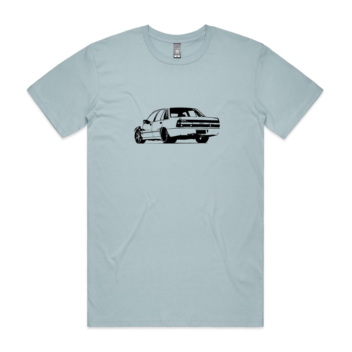 Holden VL Calais t-shirt in light blue with black Commodore car graphic