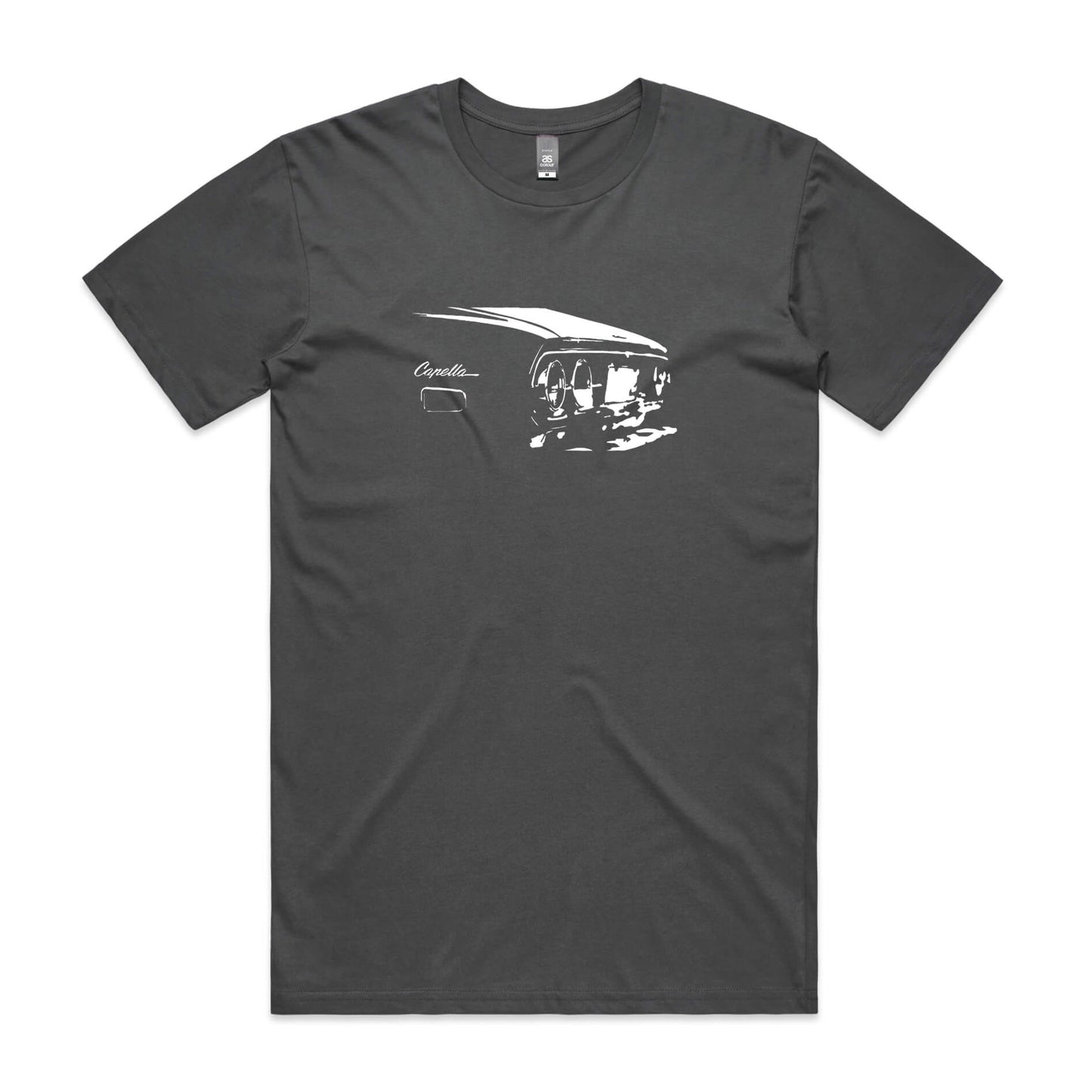 Mazda Capella t-shirt in charcoal grey with white RX2 car graphic