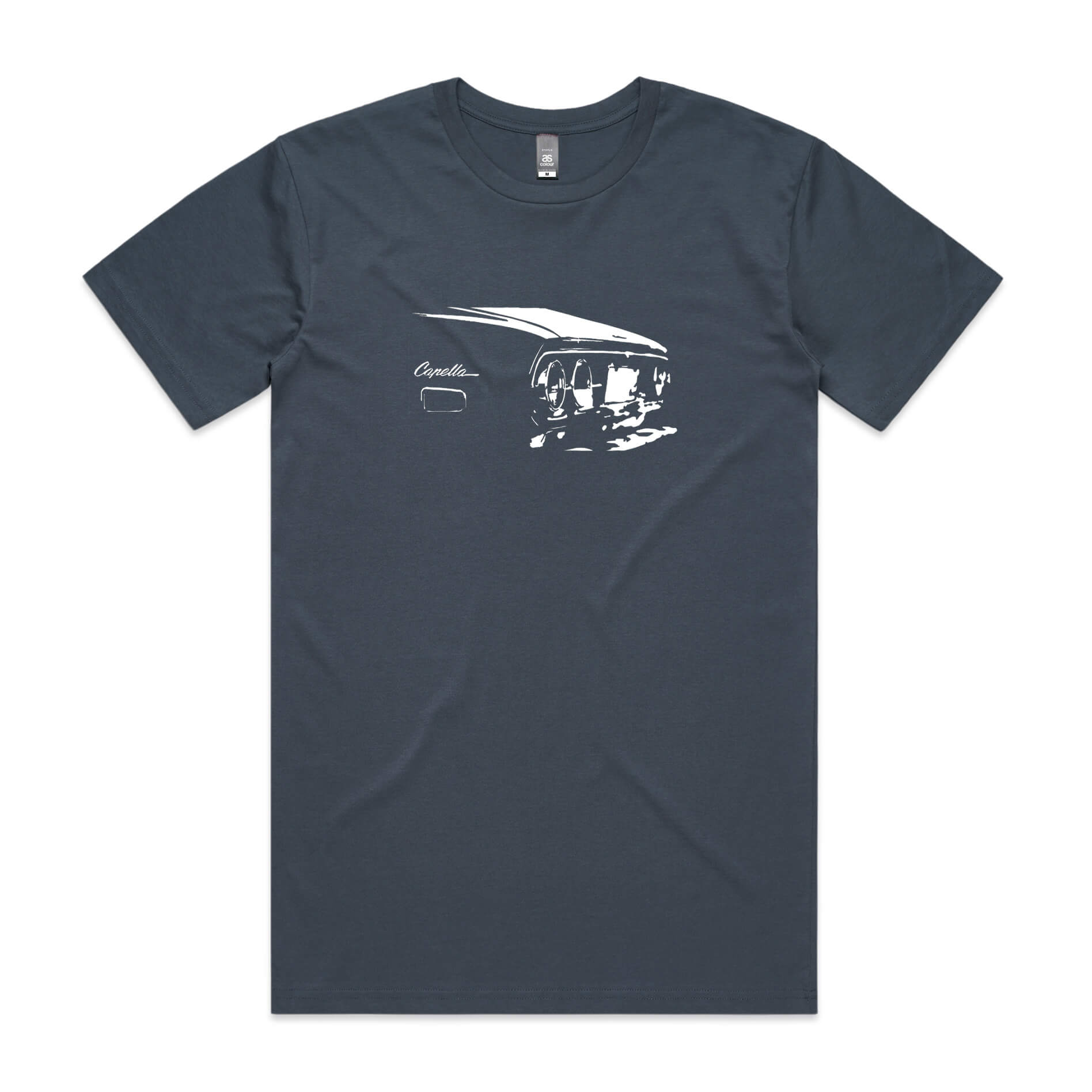 Mazda Capella t-shirt in petrol blue with white RX2 car graphic