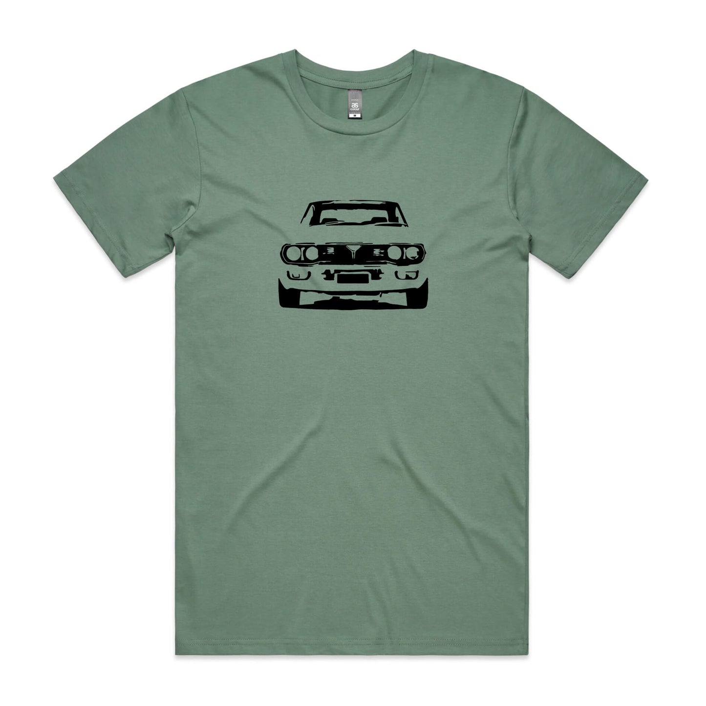 Mazda RX4 t-shirt in sage green with black rotary engine car graphic