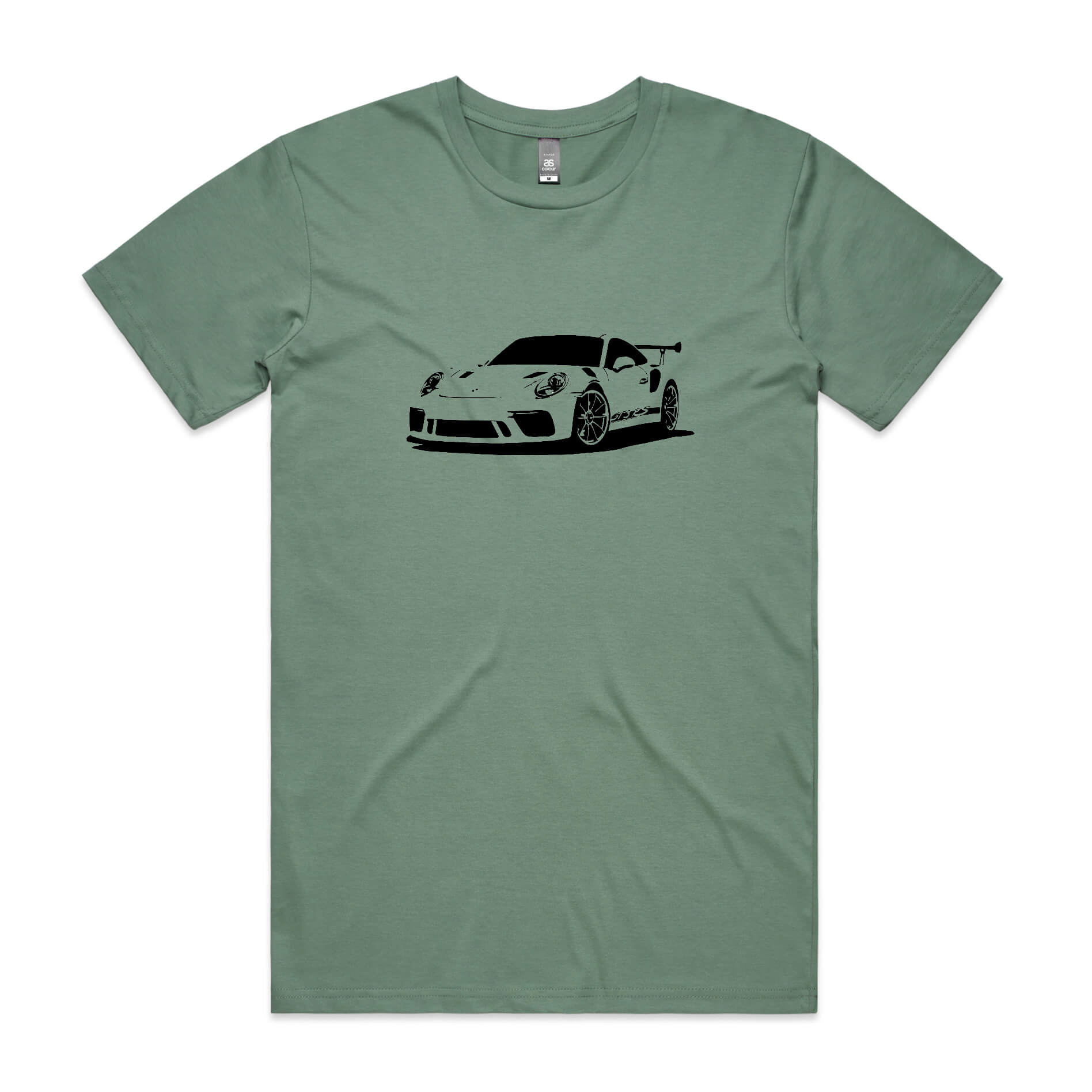 Porsche 911 GT3 RS t-shirt in sage green with a black car graphic
